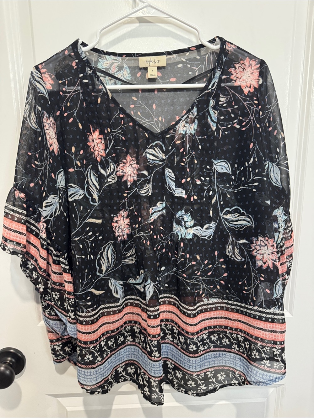 Style & Co. Black Floral V-Neck Top with Pink & Blue Border